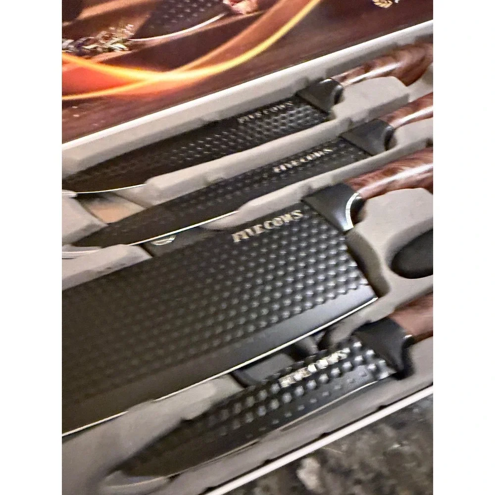 Five Cows 6 Piece Kitchen Knife Set Black Non Stick Stainless Steel Wood Grain